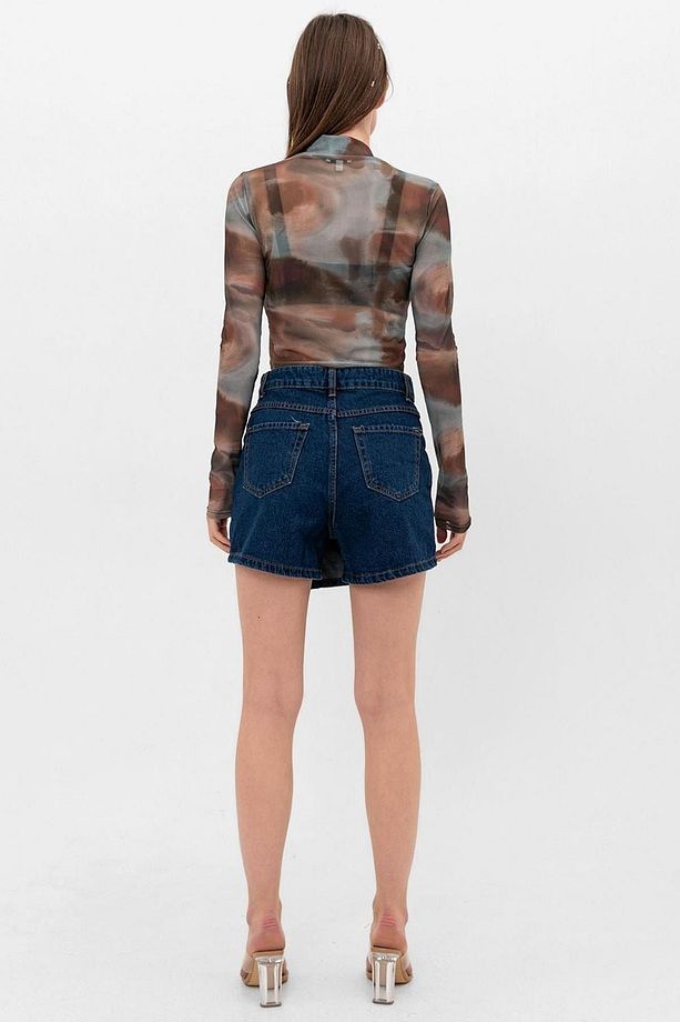 Lacivert Tek Düğme, Fermuarlı Denim Şort Kot Kadın Etek - 8
