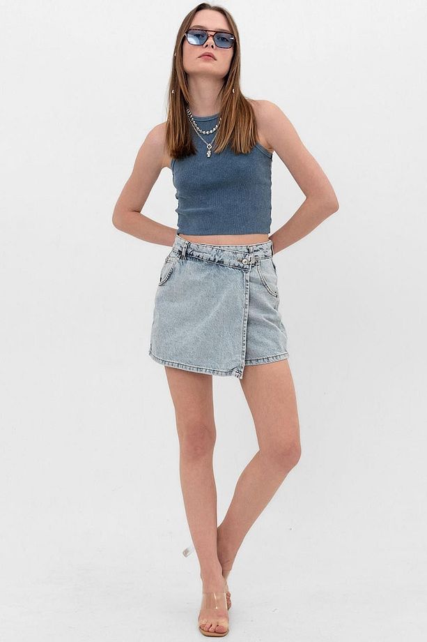 Açık Mavi Tek Düğme, Fermuarlı Denim Şort Kot Kadın Etek - 5