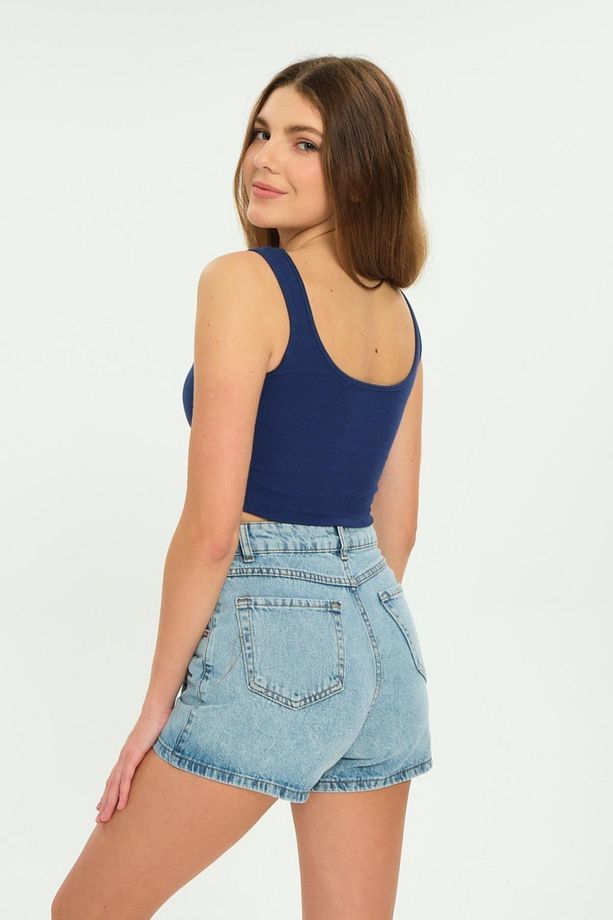 Mavi Tek Düğme, Fermuarlı Denim Şort Kot Kadın Etek - 5