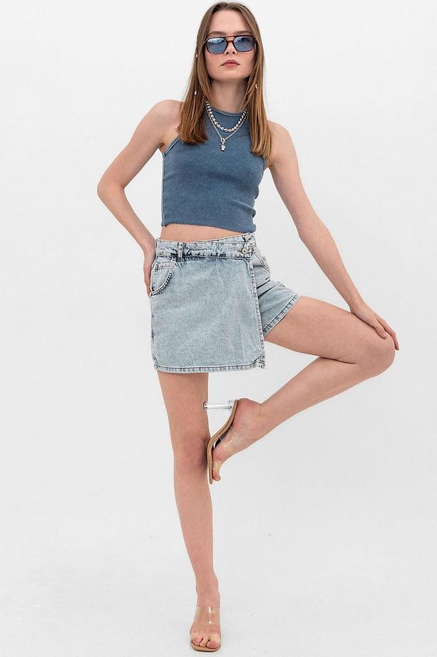 Açık Mavi Tek Düğme, Fermuarlı Denim Şort Kot Kadın Etek - 1