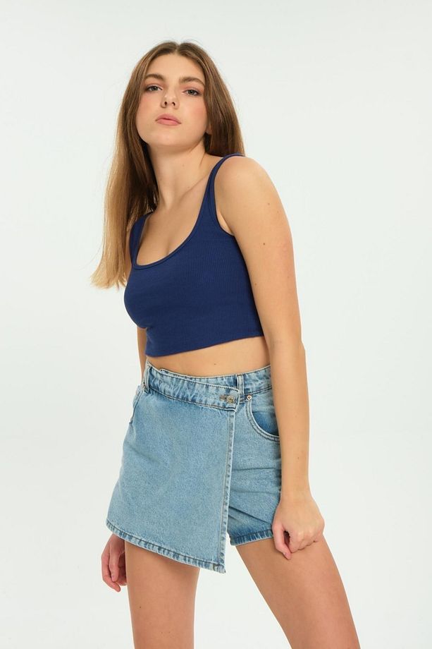 Mavi Tek Düğme, Fermuarlı Denim Şort Kot Kadın Etek - 6