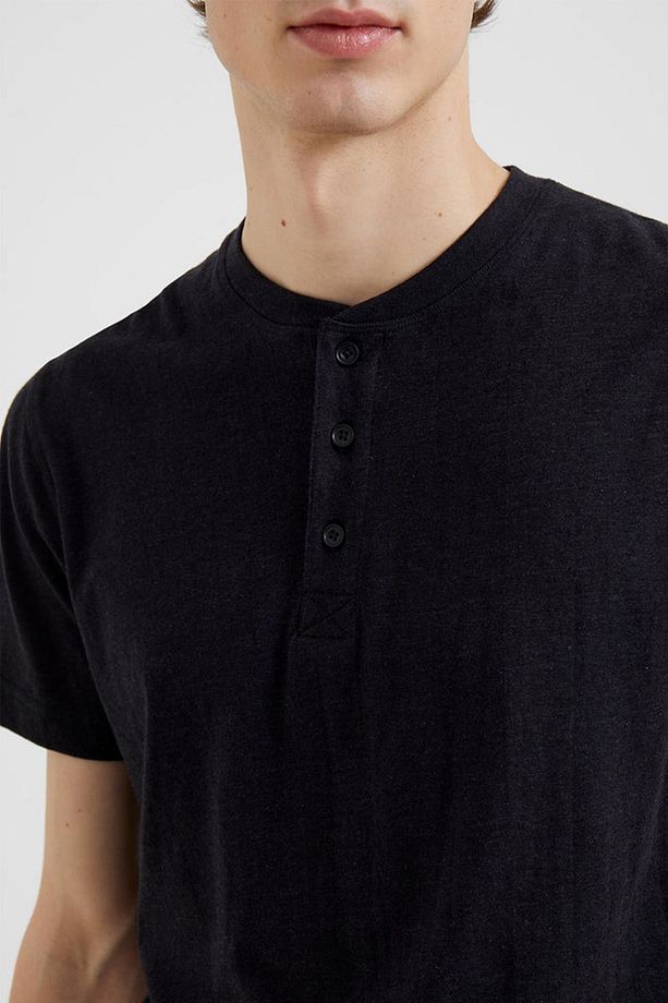 Erkek Siyah Doku Pamuk 3 Düğmeli Patlı Yarım Balıkçı Regular Fit Basic Henley T-shirt - 2