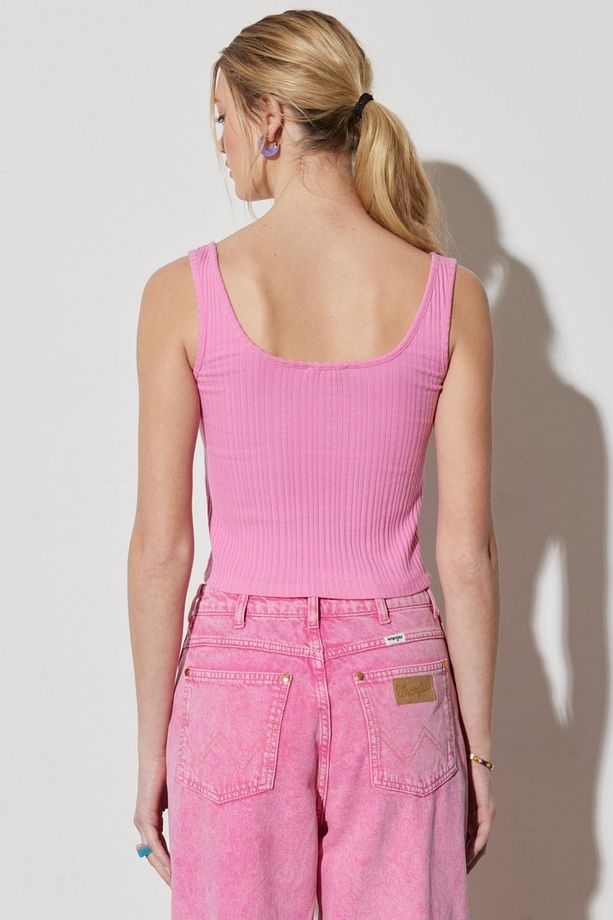 Regular Fit %100 Pamuk Bisiklet Yaka Kolsuz Pembe Crop Bluz - 7