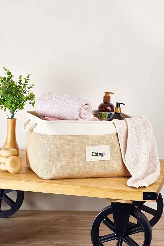 سلة جوت مستطيلة بخطوط كريمية - كبيرة - 1