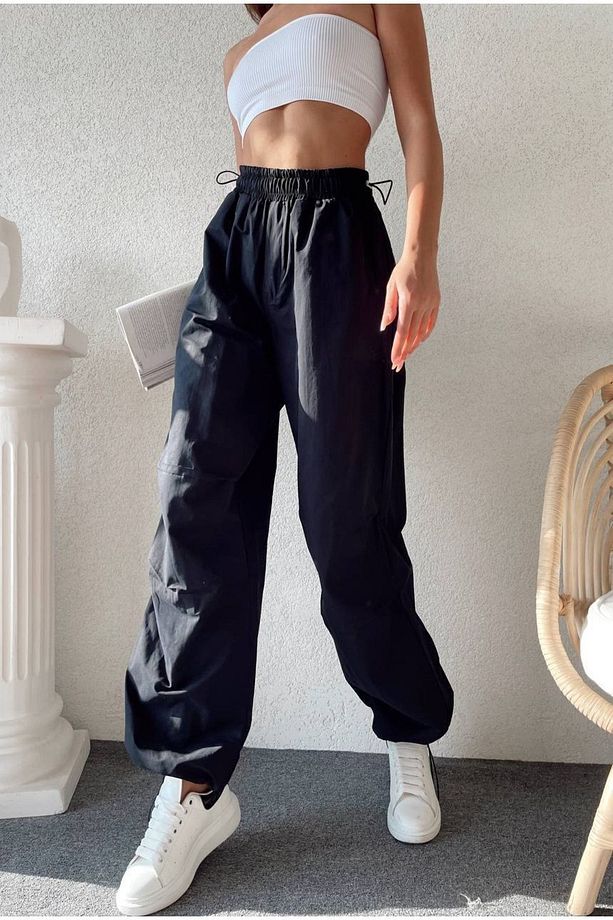 Paraşüt Kumaş Yumuşak Doku Bol Kesim Jogger Pantolon Siyah - 1