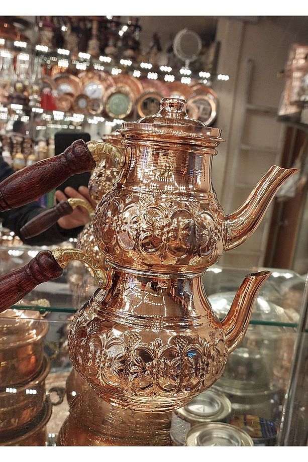 Bakır Çaydanlık & Bakır Demlik El Yapımı Zımba Desenli Gümüş Renk Bakır Çaydanlık Küçük Boy - 4