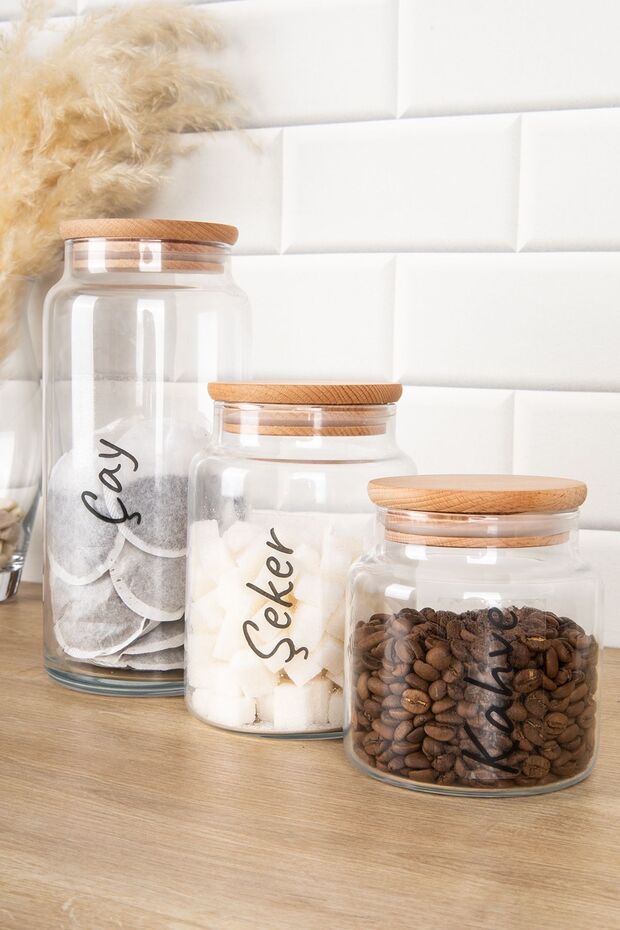 3'lü Ahşap Düz Vakum Kapaklı Şeffaf Etiketli 1300 ml-800 ml-500 ml Cam Kavanoz Seti Saklama Kabı - 1