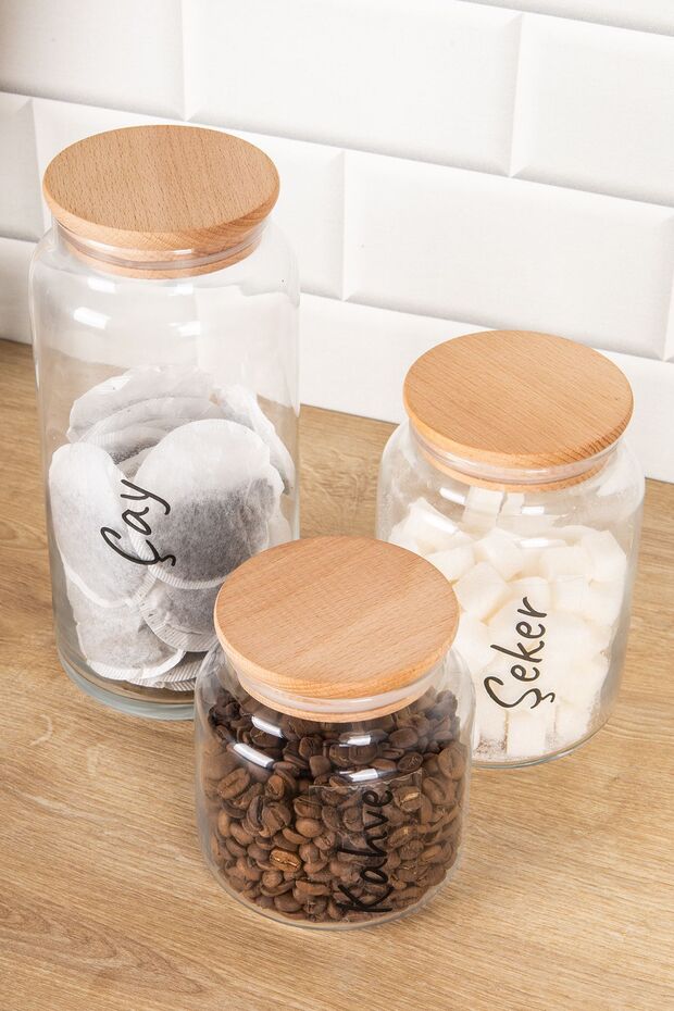 3'lü Ahşap Düz Vakum Kapaklı Şeffaf Etiketli 1300 ml-800 ml-500 ml Cam Kavanoz Seti Saklama Kabı - 2
