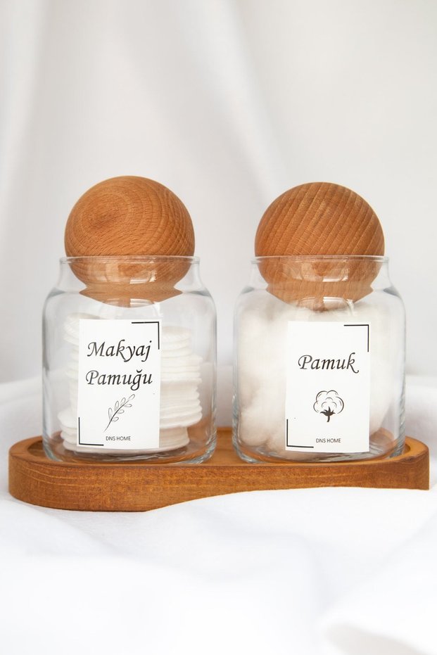 2-Piece Stand Wooden Ball Covered Cotton and Makeup Cotton Storage Container Organizer Bathroom Organizer