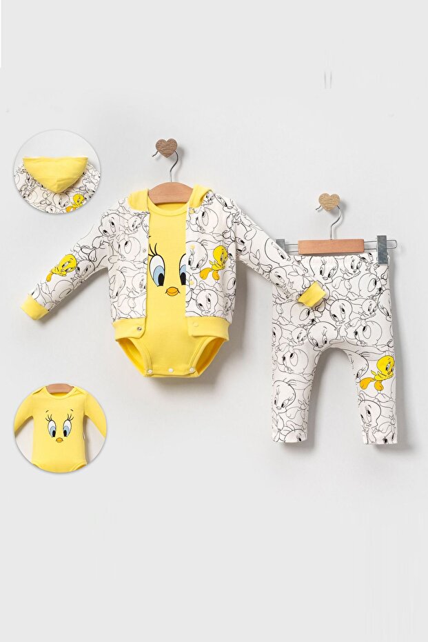 Baby Girl Set Chick Hooded Patterned Cardigan 3-Piece Hospital Exit Body Set My-4031mc