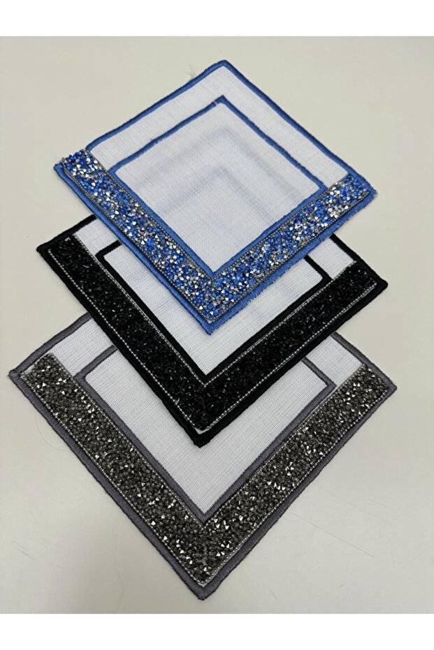 3 Pieces of Linen Fabric Crystal Stoned Embroidered Coffee Side Cocktail Napkin & Coasters
