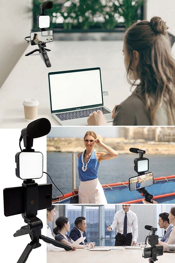 Akıllı Telefon Kamera Video Kiti Video Mikrofon Vlogging Youtube Yayın Video Flaşlı Mikrafon Seti - 8