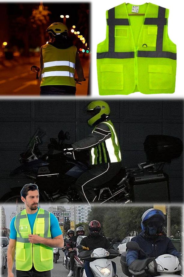 Neon Fosforlu Kurye Motorcu Müfredata Uygun Yeni Kural Reflektörlü Terletmez Fileli Cepli Yelek Sarı - 2
