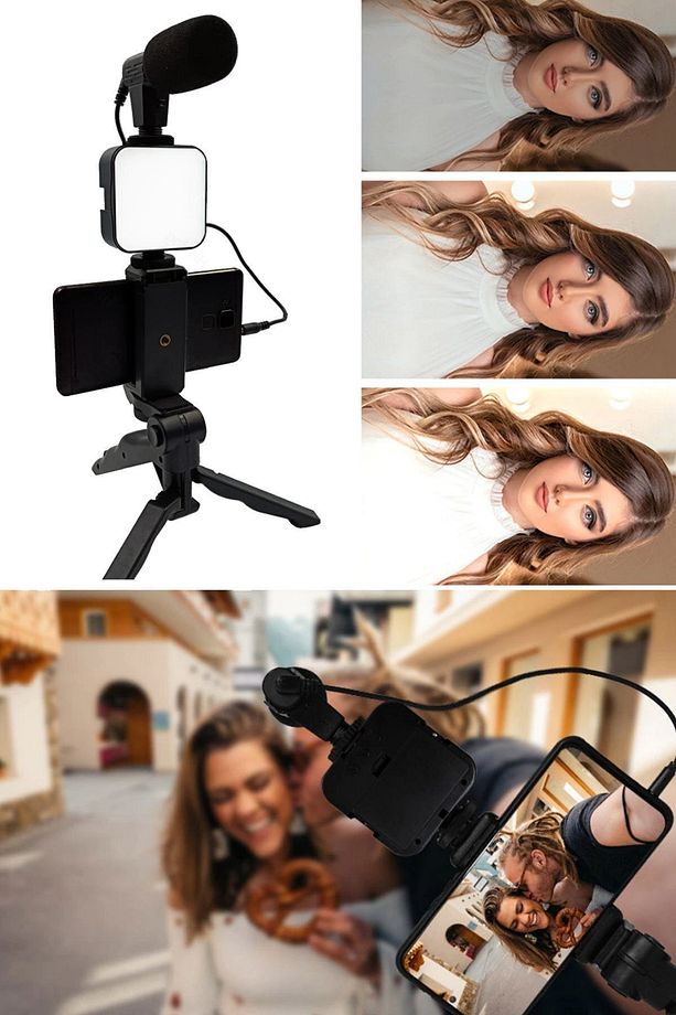 Akıllı Telefon Kamera Video Kiti Video Mikrofon Vlogging Youtube Yayın Video Flaşlı Mikrafon Seti - 3