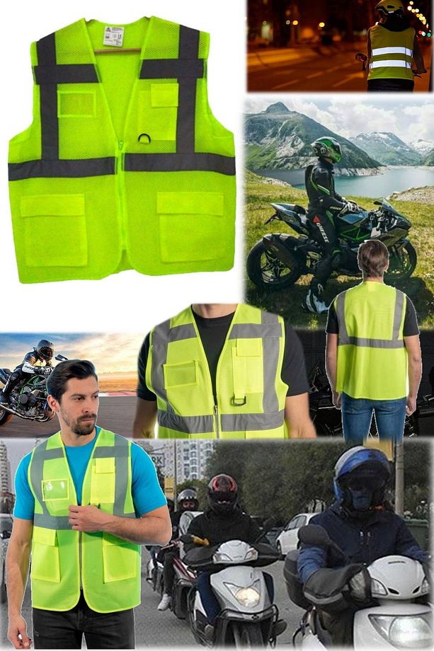 2 Adet Fosforlu Kurye Motorcu Müfredata Uygun Yeni Kural Reflektörlü Terletmez File Cepli Yelek Sarı - 5
