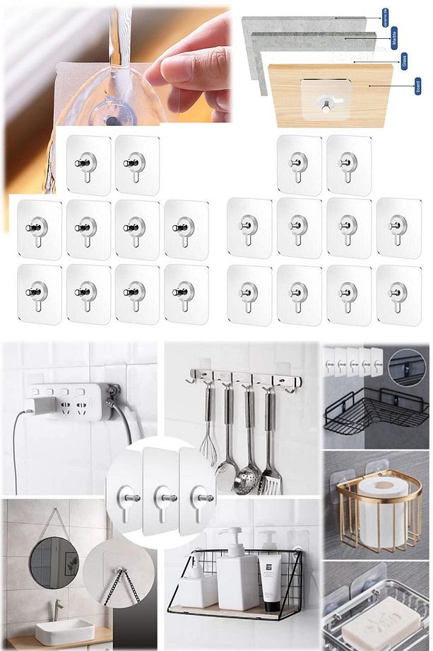 20 Adet Mutfak Banyo Vida Kanca Çıkartma Duvar Delmeden Yapışkanlı Çivi Vida As Duvar Tablo Çerçeve - 4