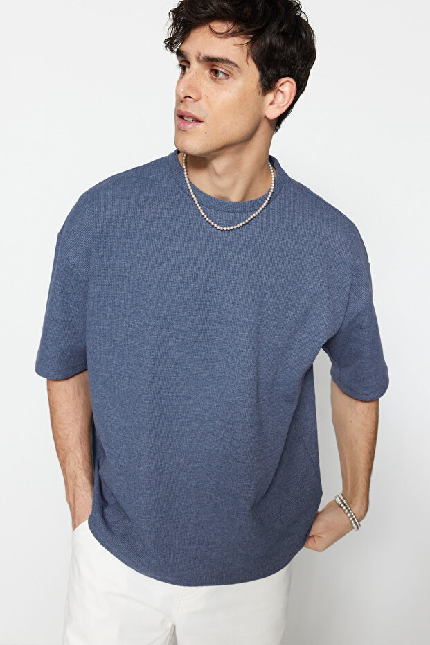 Indigo Oversize/Geniş Kesim Dokulu Waffle Kısa Kol T-Shirt TMNSS22TS00049 - 1