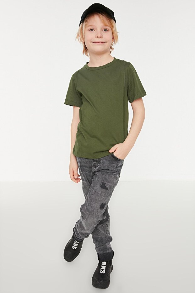 Haki Erkek Çocuk Bisiklet Yaka Kısa Kol Örme T-Shirt TKDSS24TS00044 - 2