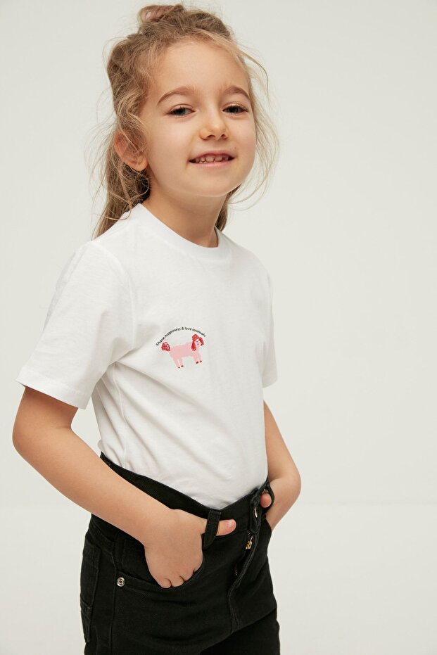 Beyaz Kız Çocuk %100 Pamuk Hayvan Baskılı Regular/Normal Kalıp Kısa Kol Örme T-Shirt TKDSS24TS00046 - 1