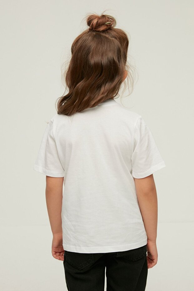 Beyaz Kız Çocuk %100 Pamuk Hayvan Baskılı Regular/Normal Kalıp Kısa Kol Örme T-Shirt TKDSS24TS00046 - 3