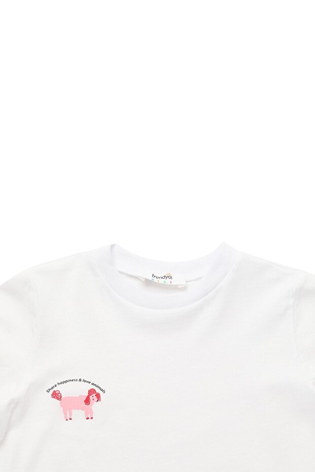 Beyaz Kız Çocuk %100 Pamuk Hayvan Baskılı Regular/Normal Kalıp Kısa Kol Örme T-Shirt TKDSS24TS00046 - 7