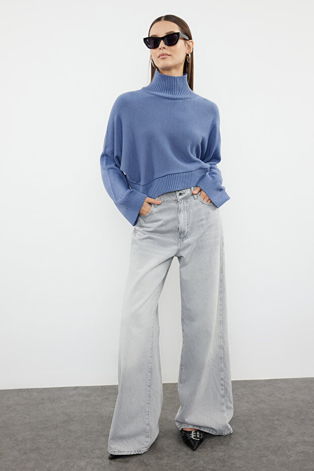 Dunkelblauer Super Crop Basic Strickpullover TWOAW21KZ0163 - 1