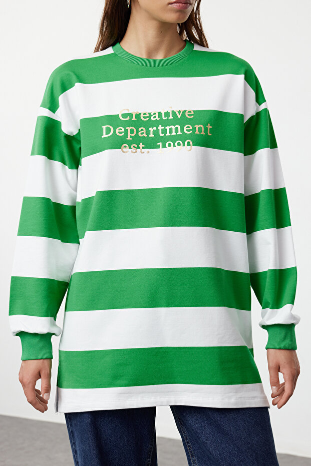 Yeşil Oversize Baskılı Örme Çizgili Tunik TCTSS23UK00041 - 2