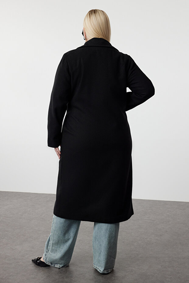 Siyah Oversize Fit Kruvaze Kapama Yün Karışımlı Kaşe Kaban TBBAW23KB00002 - 5