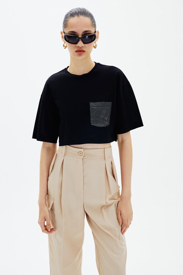 Crop Siyah Basic T-Shirt - 1