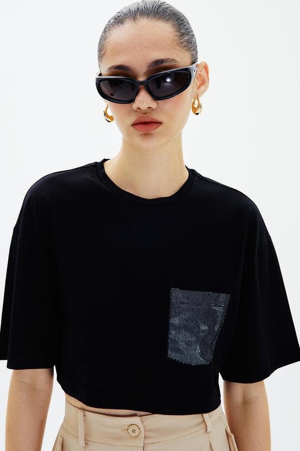 Crop Siyah Basic T-Shirt - 5