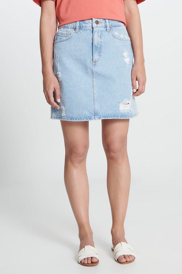 Regular Fit Normal Kesim %100 Pamuk Yüksek Bel Mavi Jean Kot Etek - 1