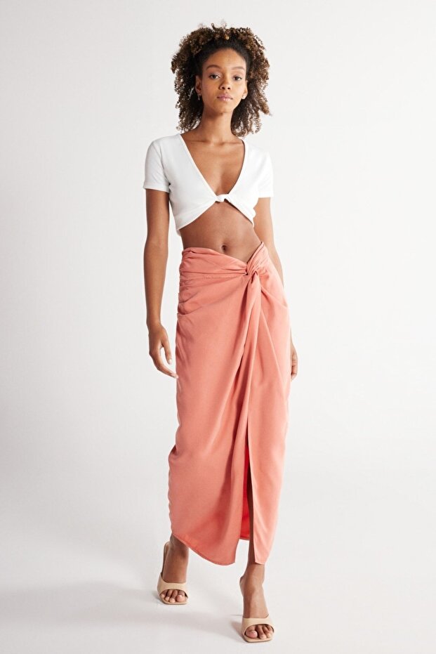 Regular Fit Normal Kesim Yüksek Bel Somon Yırtmaçlı Uzun Etek - 4