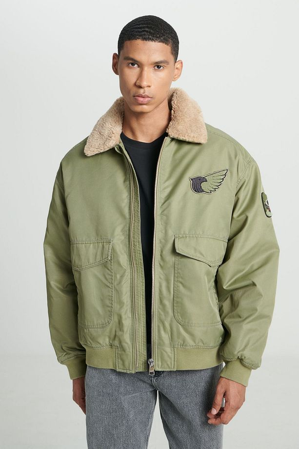 Regular Fit Normal Kesim Patch Detaylı Sherpa Yaka Haki Bomber Ceket - 1