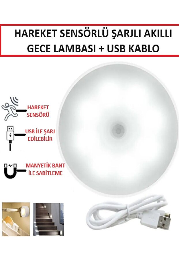 Hareket Sensörlü Usb Şarjlı Led Işık Gece Lambası Mutfak Salon Merdiven Yatak Odası Dolap içi - 2