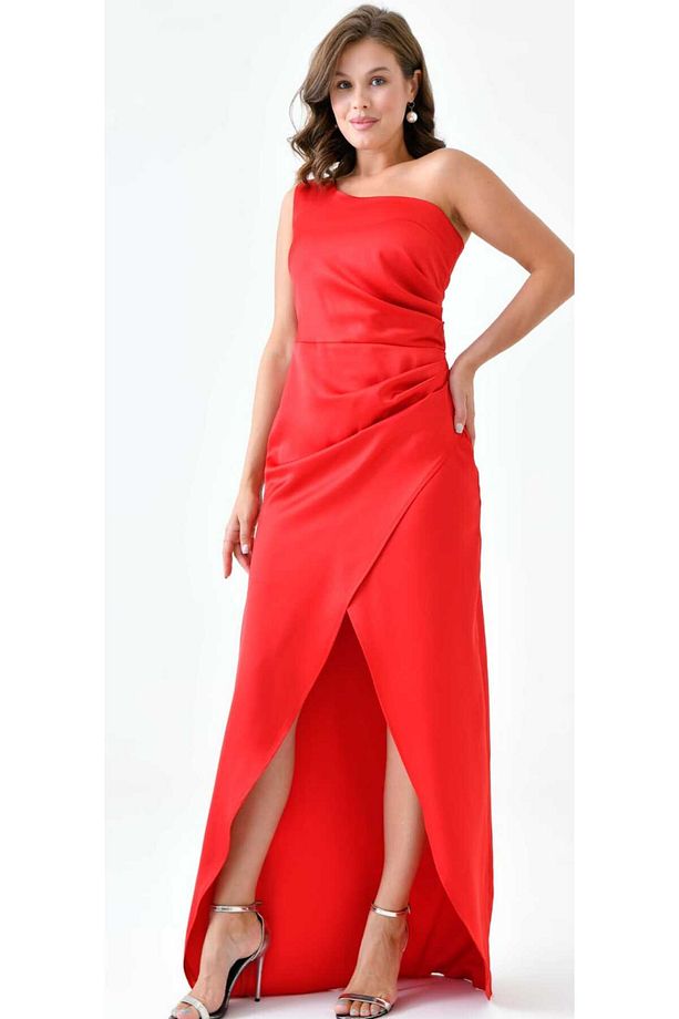 DRAPE DETAYLI TEK OMUZ SATEN ABİYE ELBİSE - 5
