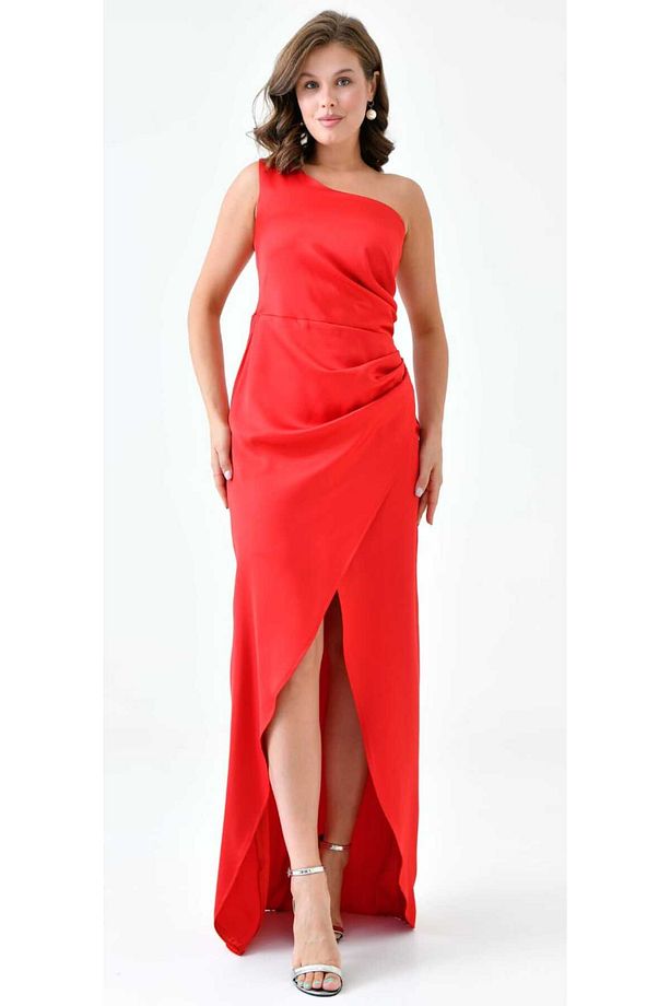 DRAPE DETAYLI TEK OMUZ SATEN ABİYE ELBİSE - 7