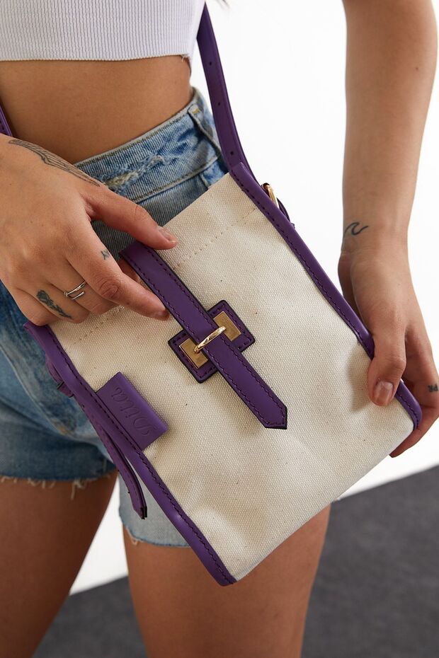 Mor Renk Şeritli Mini Kanvas Çanta - 2