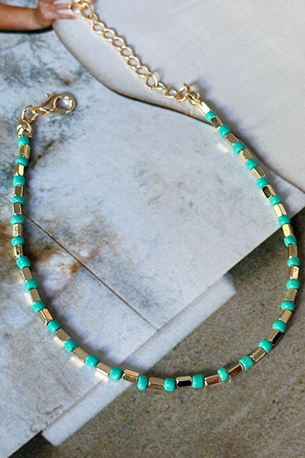 Petrol Green Beaded Gold Stick Anklet