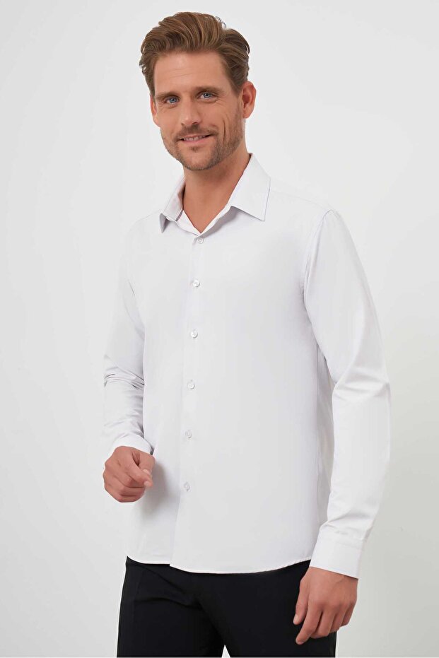 قميص رجالي ذو تصميم سادة من Stone Basic ذو ياقة صلبة وقصة ضيقة - 2