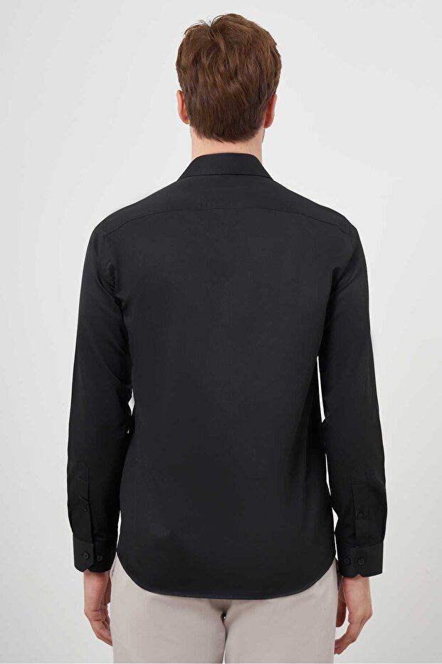 Men's Black Basic Plain Pattern Hard Collar Slim Fit Shirt - 5