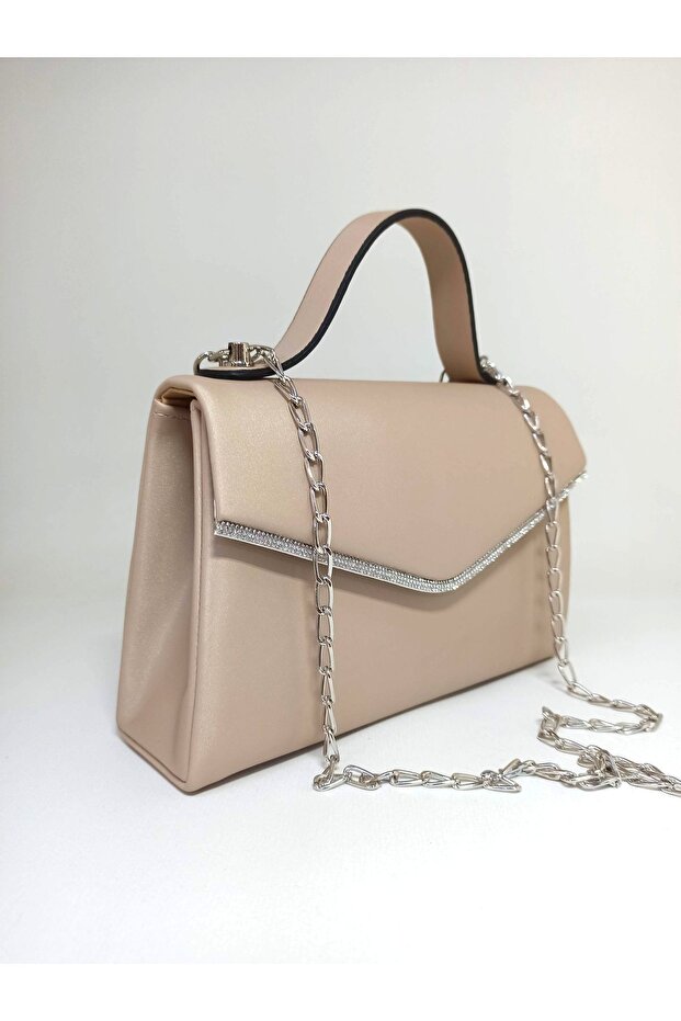 Women's Nude Satin Silver Stone Accessory Evening Bag