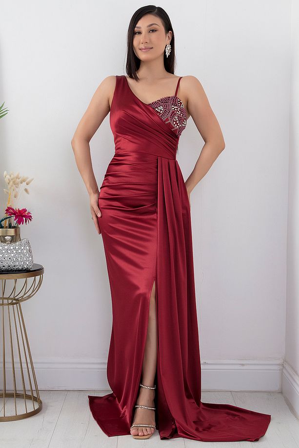 Tek Omuz Göğüs Taşlı Elbise 39871 - 6