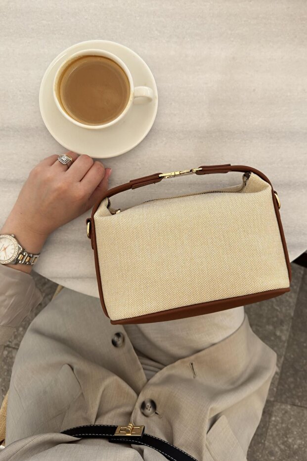 Linen Medium Size Women's Hand and Shoulder Bag with Gold Lock Accessory Santorini Tan - 1