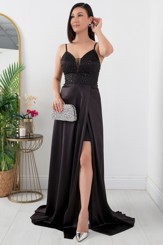 Göğüs Pullu Askılı Saten Elbise 39885 - 3