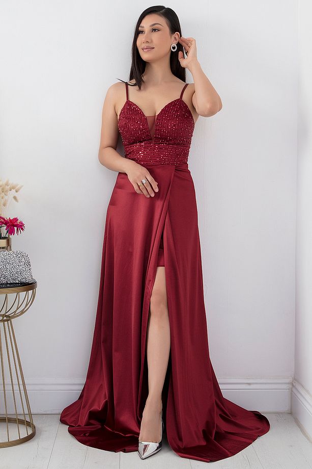 Göğüs Pullu Askılı Saten Elbise 39885 - 6