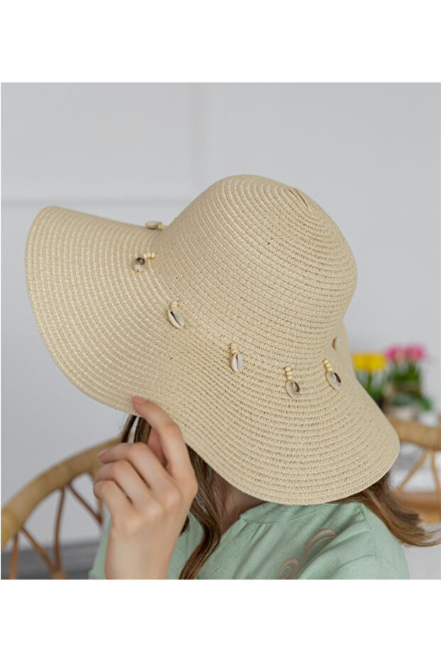 Beige Straw Large Hat - Sea Shell - 2