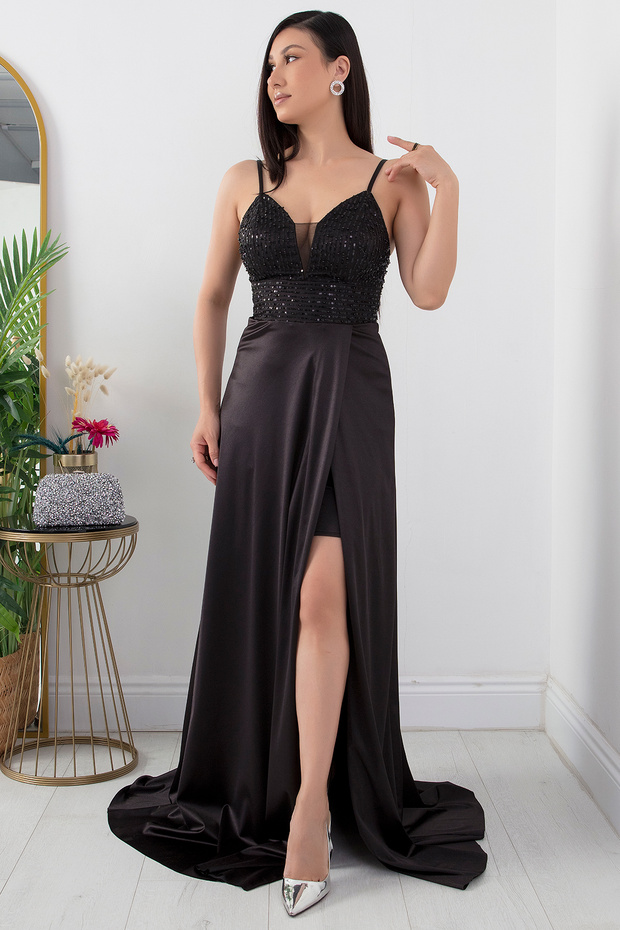 Göğüs Pullu Askılı Saten Elbise 39885 - 7