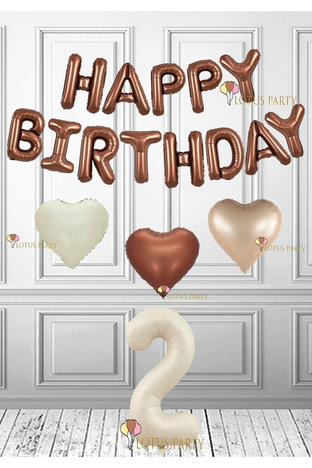 Brown Happy Birthday Foil Balloon - Brown Heart Foil Balloon - Cream Colored Foil Balloon for 2 Years Old
