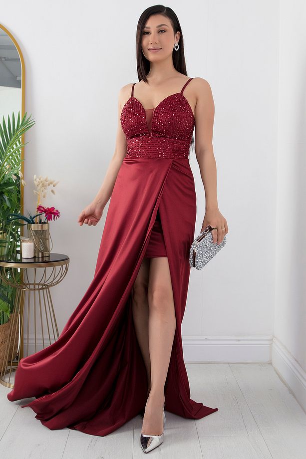 Göğüs Pullu Askılı Saten Elbise 39885 - 4