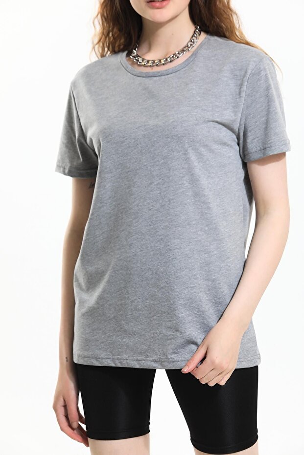 Gri, Oversize Fit Pamuklu Kısa Kollu Basic Uniseks Kadın Erkek Tişört - 2